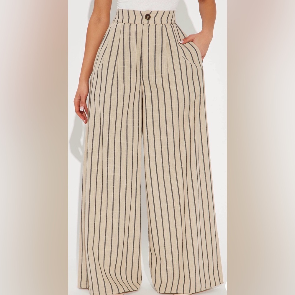 Fashion Nova High-Waist Wide Leg Striped Linen Pants - Beige/Black